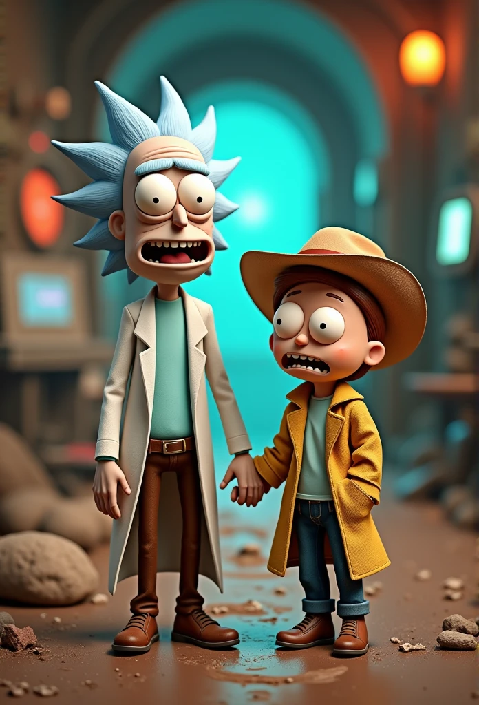 (best qualityer:1.2,ultra detali,realisitic:1.37),Rick and Morty character design in the art style of the Rick and Morty universe,high resolution,proffesional,portraite,アニメ,bright coloured,Physically based rendering,detailed facial features,sharp focus,humorous expression,stylized hair,background of the universe,dimensional portal,humorous props,sci-fi,studio lighting,Bokeh cowboy dress