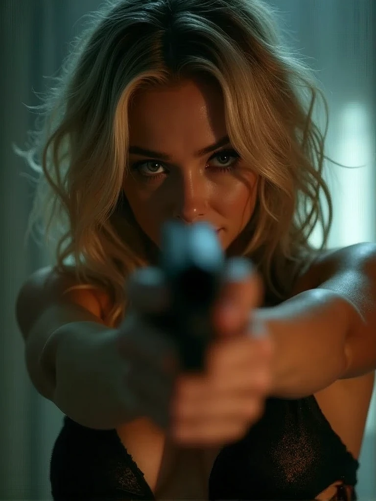 (Masterpiece.UHD.photo realistic) An ultra hot gorgeous European woman. French. Blonde.Age 23. Cleavage.curvy body.she’s aiming a gun to the viewer.holding the gun with two hands.Horror movie. Dramatic light.spooky scenery.