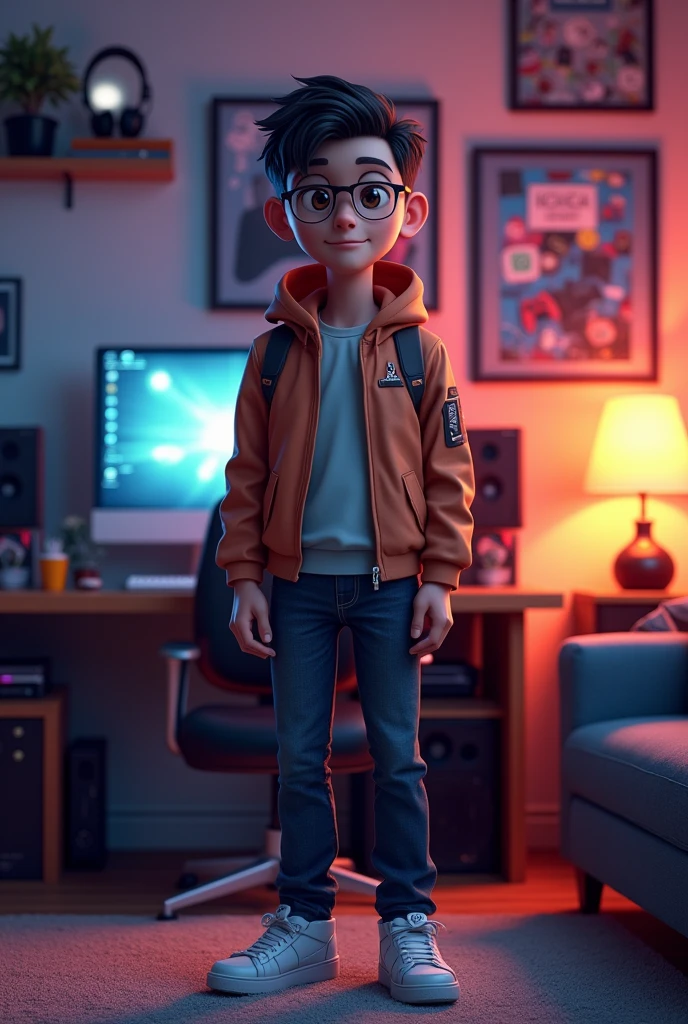 Create an image of an avatar in your gamer room, LOOKING AT ME