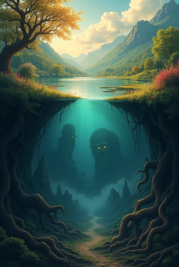 Make me a background where the top half is something beautiful and the bottom half is something horrifying.. Something easy
