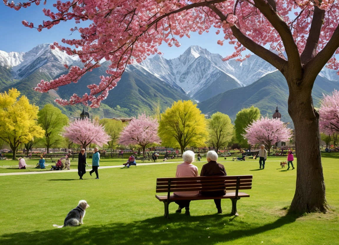 A vibrant community park, Families gather, Friends and pets enjoy a sunny day. Children play on the green lawn, While an elderly couple watches with smiles from a nearby bench. Colorful flowering trees decorate the park, and in the background, Gentle mountains complete the scenery, Radiating a sense of unity and hope."