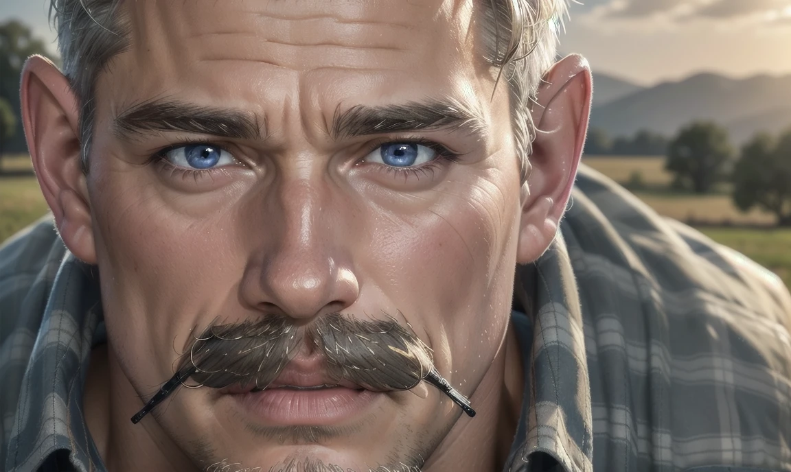 [((highly detailed, detailed eyes, detailed face, clear and realistic facial features, photorealistic, realistic light, cinematic)), ((((1 man)))), Mark is a handsome and alluring slender but muscular male farmer father aged 45 with short blond hair and a neat moustache and blue eyes and weathered skin, (((wearing a flannelette shirt))), ((((simple moustache)))), ((sexy southern gay daddy farmer)), ((greying dark-blond hair)), (((weathered mature face))), (((Mark has a seductive smirking look on his face and a slight blush on his cheeks))), There is a charming yet dry southern farm in the background, ((expression of strong attraction))]