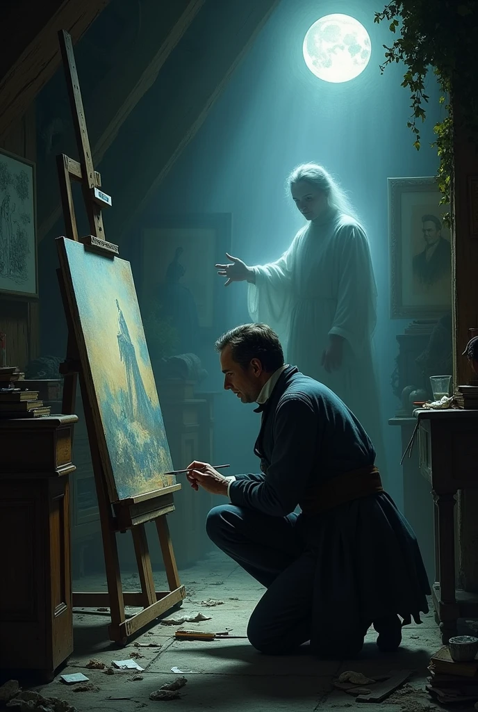 A dimly lit, cluttered attic studio. In the foreground, a famous artist in period clothing (19th century) hunches over a canvas, paintbrush in hand. Behind them, barely visible in the shadows, stands the translucent figure of an unknown artist, gesturing towards the canvas. Scattered around are crumpled sketches, art books, and a hidden chest overflowing with brilliant, unsigned paintings. A shaft of moonlight illuminates both figures, creating an air of secrecy and inspiration."