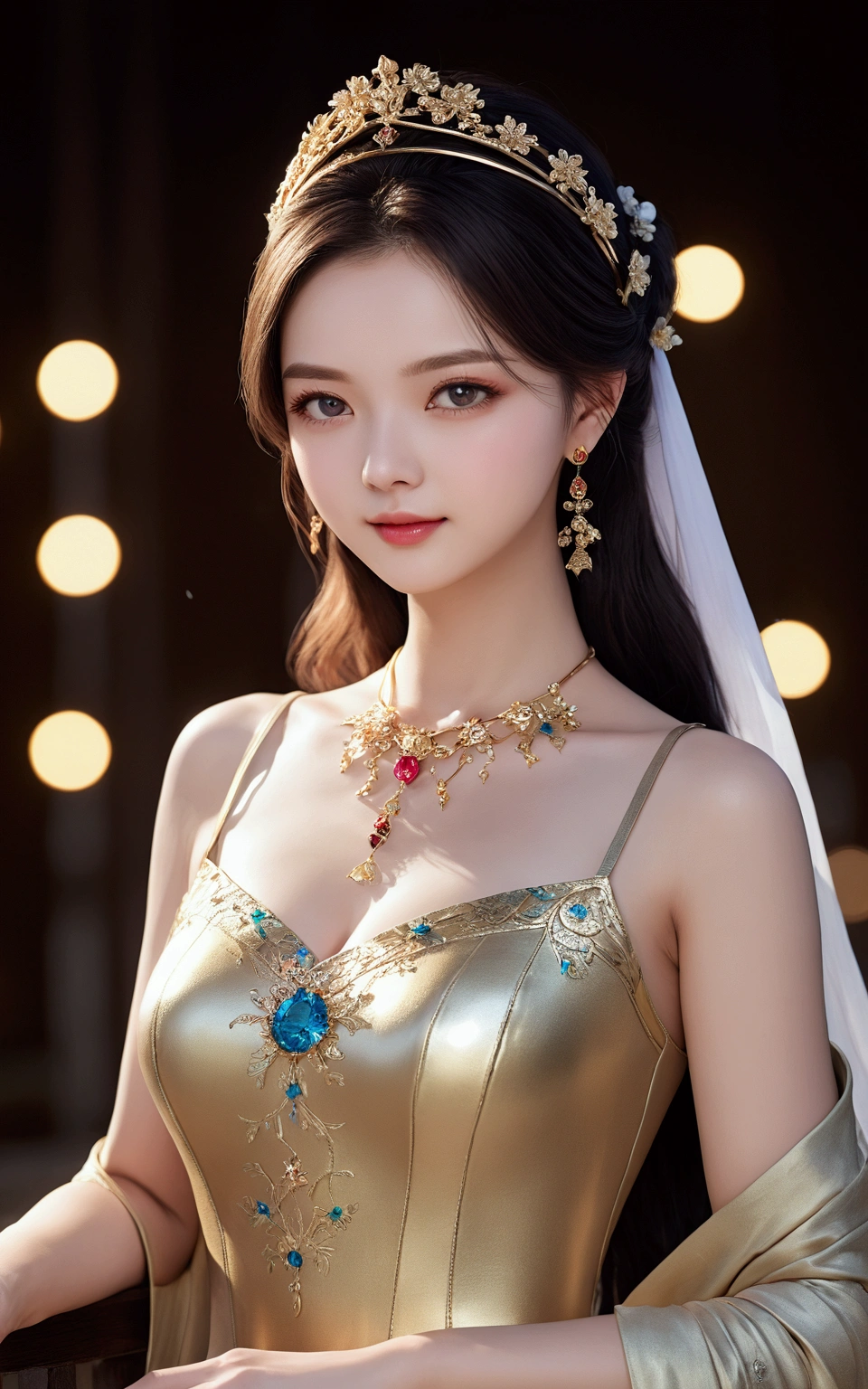 Best quality, Masterpiece, A high resolution, 1girll,china dress,hair adornments,necklace, jewelry,Beautiful face,after sexing_Body, Tyndall effect,Photorealistic, Dark Studio, rim lit, twotonelighting,(highdetailskin:1.2), 8K  UHD, Digital SLR, Soft lighting, High quality, voluminetric lighting, candid, photographed, high resolution, 4K, 8K, Bokeh