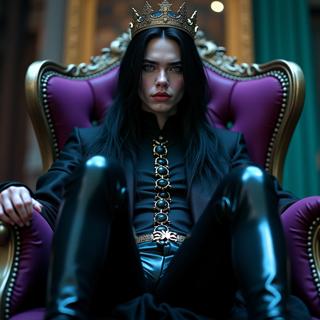 masterpiece, best quality, ultra-detailed, best shadow), (detailed background), (beautifully detailed face), high contrast, ((cinematic light)), colorful, hyper detail, intricate details,, depth of field A sexy young male with long black hair and teal blue eyes, his facial features delicate and pretty. His skin is white and pale. He's wearing gothic clothes, and he has long, thick, shiny legs. He's wearing gothic long boots. Sitting on a chair, crossing legs and raising his leg and towering over you. He has a crown. The camera under his boot. (Black and purple) 