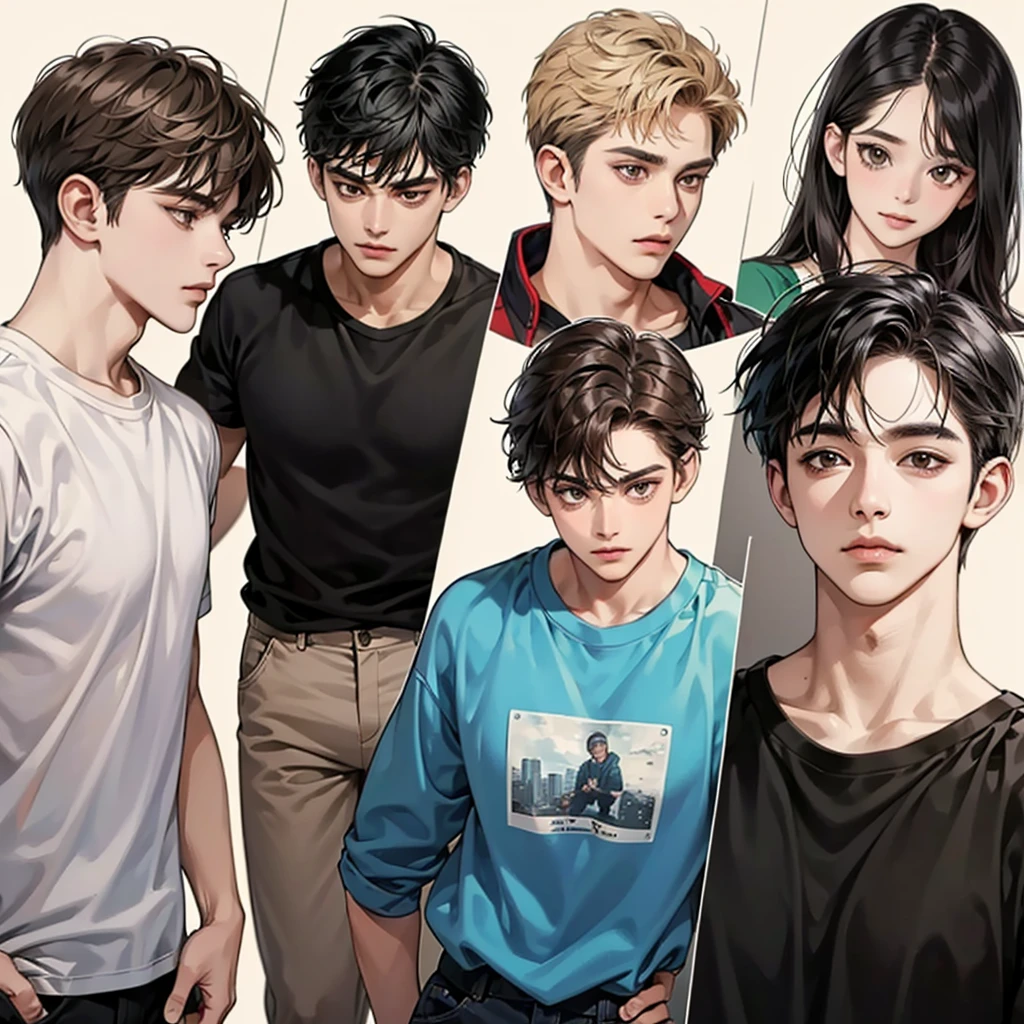 Four boys, black hair, brown eyes, simple background, high resolution, brown hair, stand in a line.., Wear a t-shirt, shut your mouth, handsome, cool,