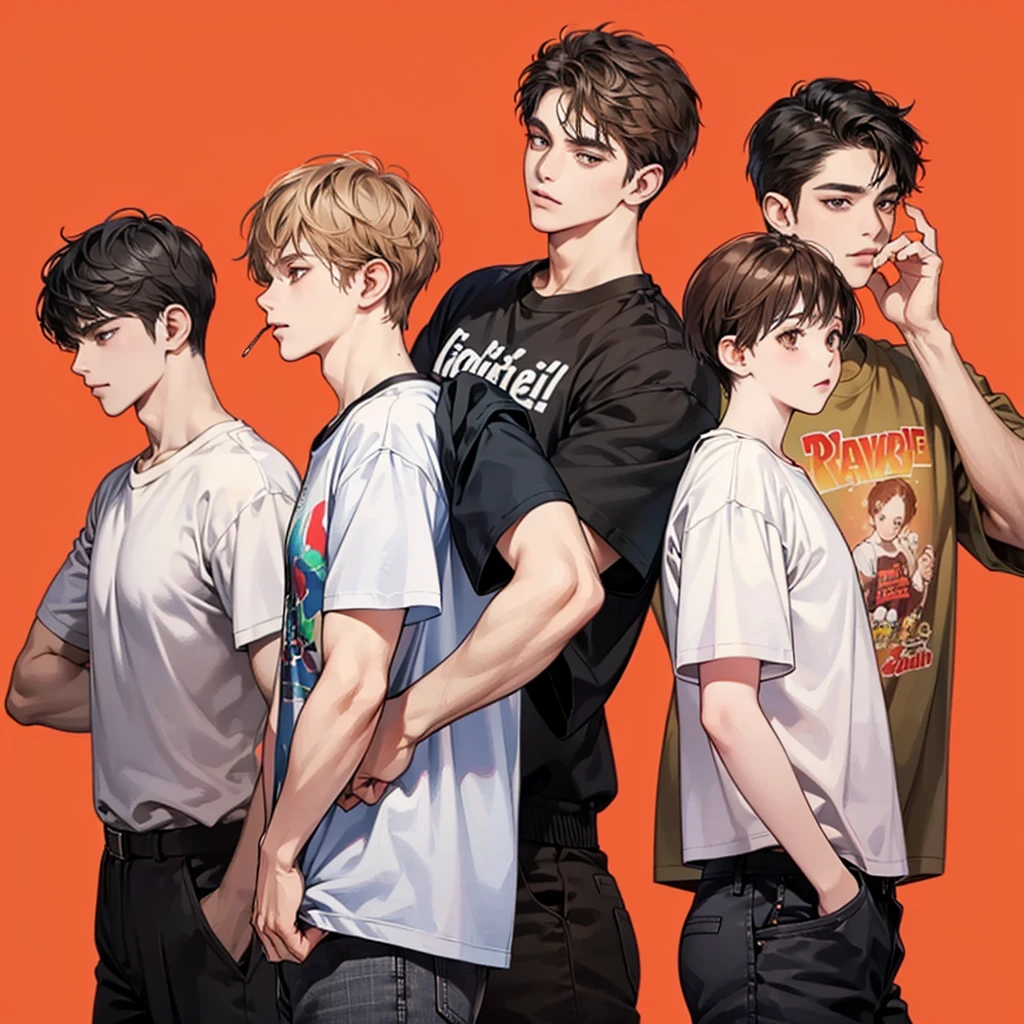 Four boys, black hair, brown eyes, simple background, high resolution, brown hair, stand in a line.., Wear a t-shirt, shut your mouth, handsome, cool,
