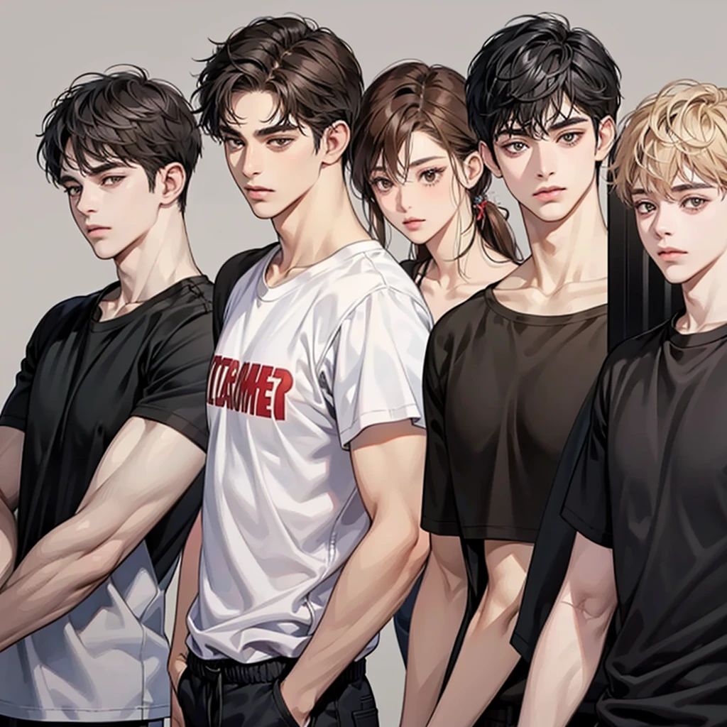 Four boys, black hair, brown eyes, simple background, high resolution, brown hair, stand in a line.., Wear a t-shirt, shut your mouth, handsome, cool,