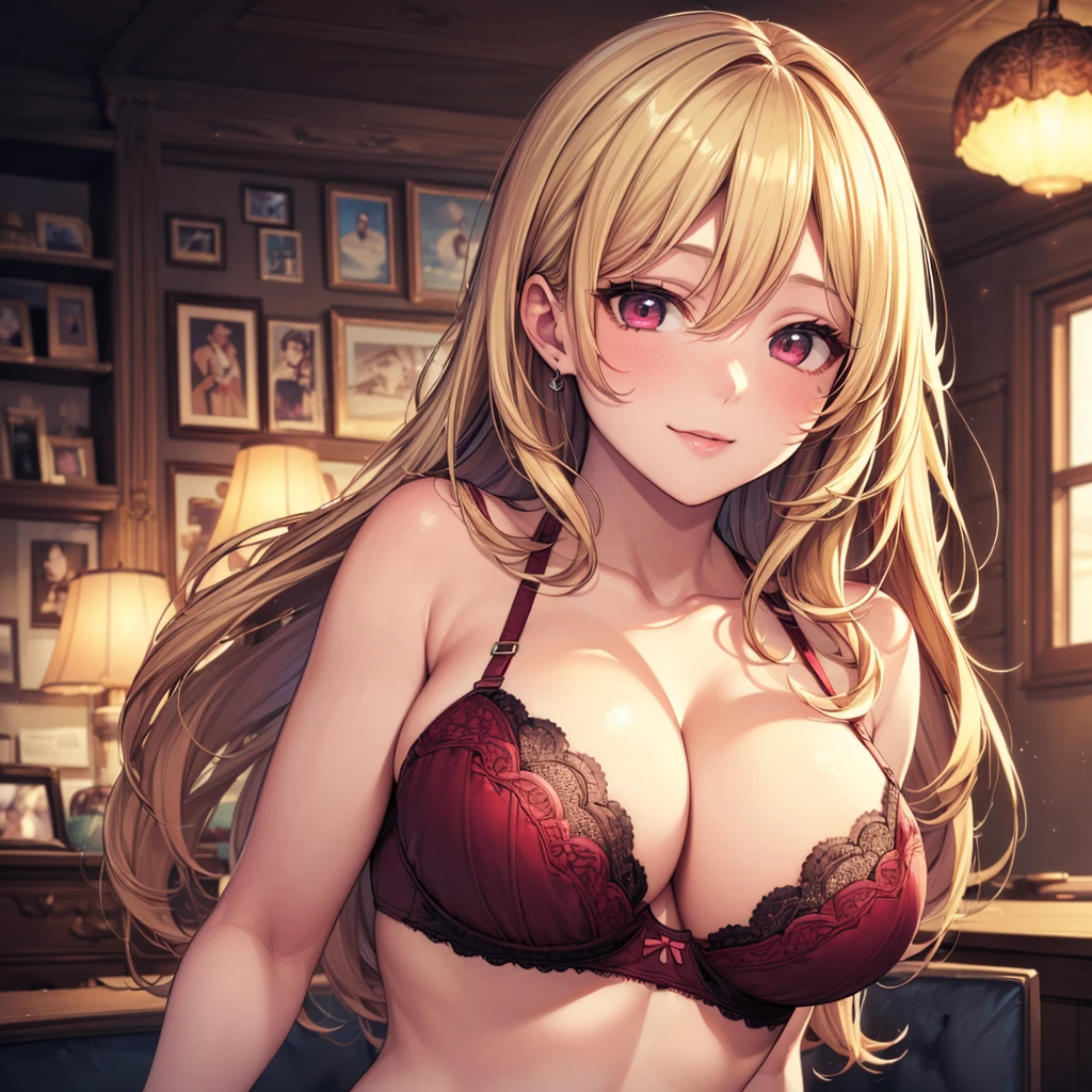 ((1girl)), (((Solo: 1.4))) ((Masterpiece)), (perfect anatomy), perfect shading, soft lighting, (best quality), ((8k)), extremely delicate and beautiful, perfect lighting, (front lighting), detailed face, ultra cute face, cute, ((Portrait)), ((long blonde hair)), seductive smile, ((maroon bra)), big breasts, ((topheavy)), cleavage, ((headshot)), ((sexy)), indoors