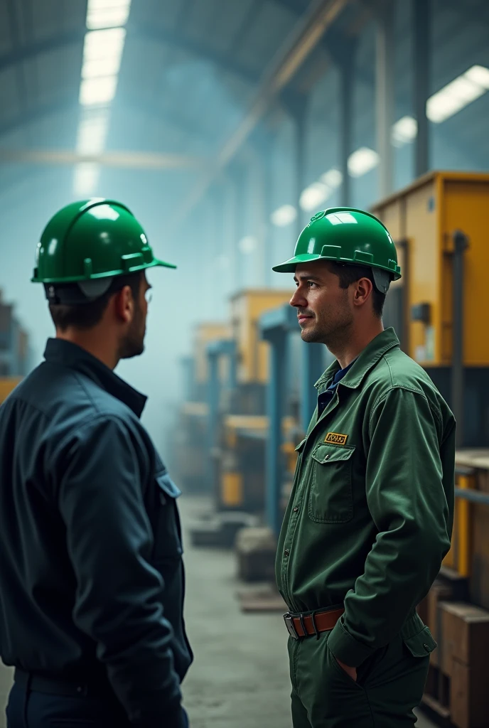 Safety officer with green helmet taking toolbox talk to the worker , company background with Smokey effect and coil compacting machine