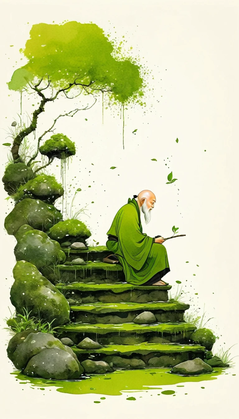 中国水墨画sketch:Light Ink,Lowercase,sketch,artistic conception,The old monk on the moss-covered steps,Minimalism,(((Negative Space,Bottom left composition)))