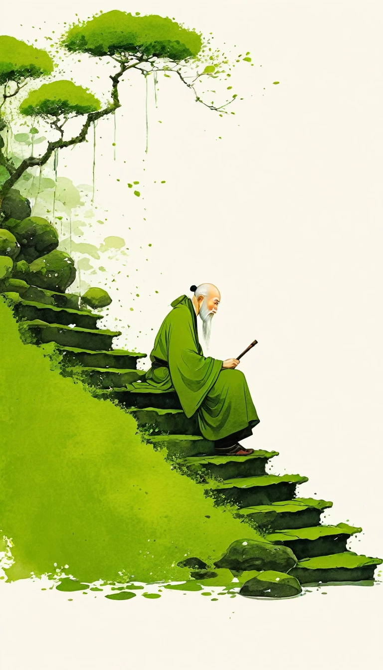 中国水墨画sketch:Light Ink,Lowercase,sketch,artistic conception,The old monk on the moss-covered steps,Minimalism,(((Negative Space,Bottom left composition)))