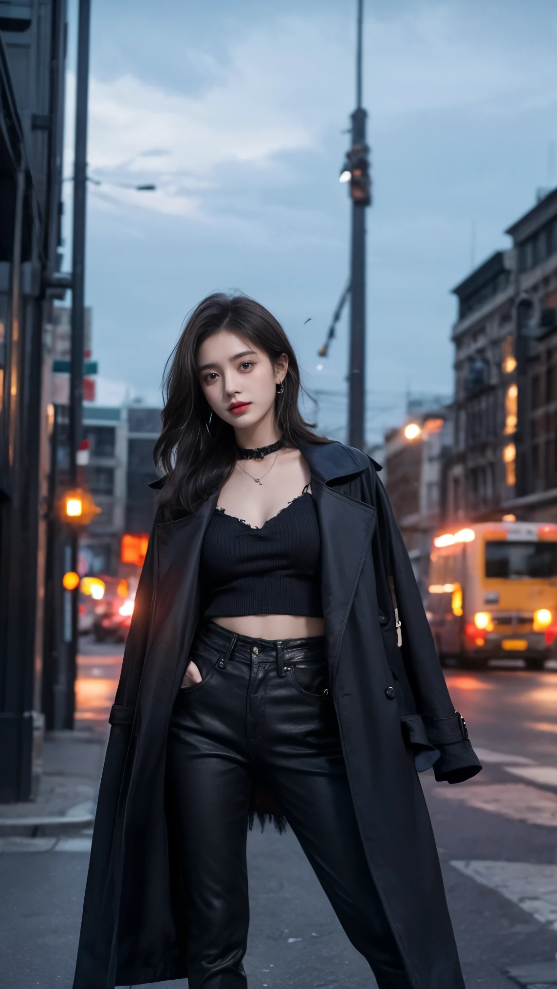 21yo girl with short dark hair and a tattered grey cloak, black pants. she floating in the air, on top of a building in a gothic fantasy city. the sky has a red glow and ash is falling.