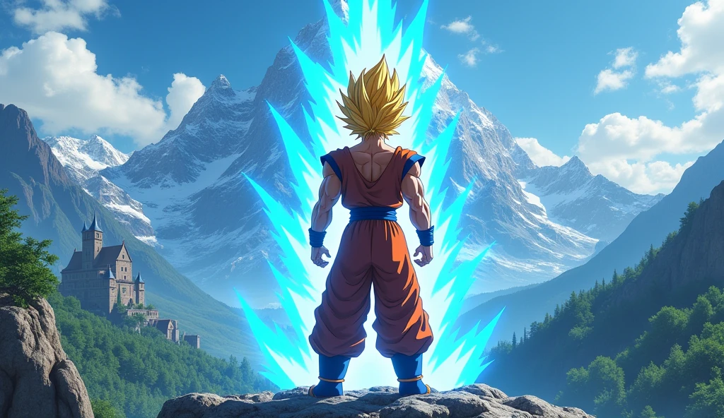 Super Saiyan Blue Goku, training in outdoor martial arts, He stands atop a massive mountain, An old castle, trees, and hills appear in the background., Yellow hair, Naruto, It shows from the back completely