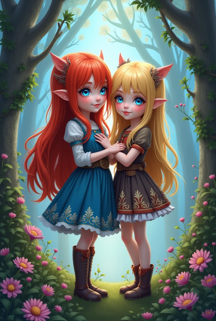 A blonde haired girl, blue eyes 4’5 feet tall 11 years old with her girlfriend that has red hair 5’5 Blue eyes and both are Tharions