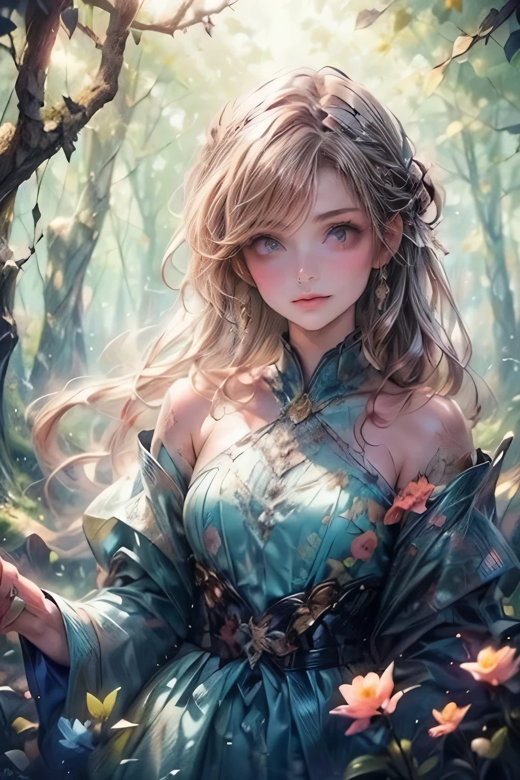 a cute girl in a mysterious foggy forest, 1girl, flower, solo, hair ornament, jewelry, hair flower, earrings, looking at viewer, dress, long pink hair, detailed eyes, detailed lips, extremely detailed face, longeyelashes, fantasy, atmospheric, cinematic lighting, dramatic, surreal, dreamlike, vibrant colors, digital art, concept art, masterpiece, photorealistic, 8k, best quality
