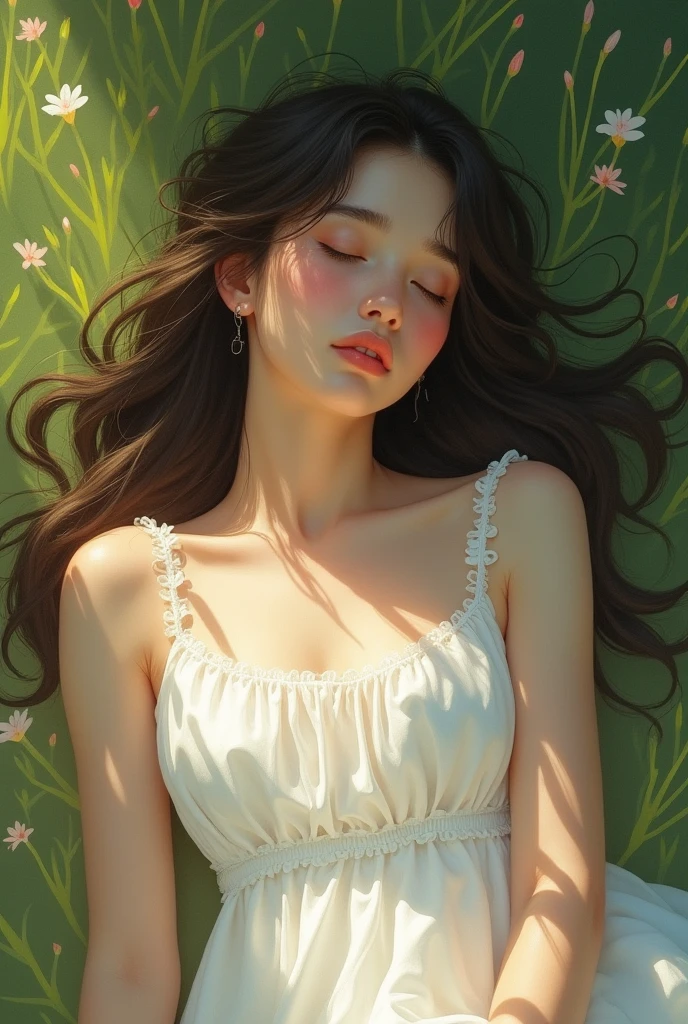 Teenage woman lying down in a white dress ,Long Hair