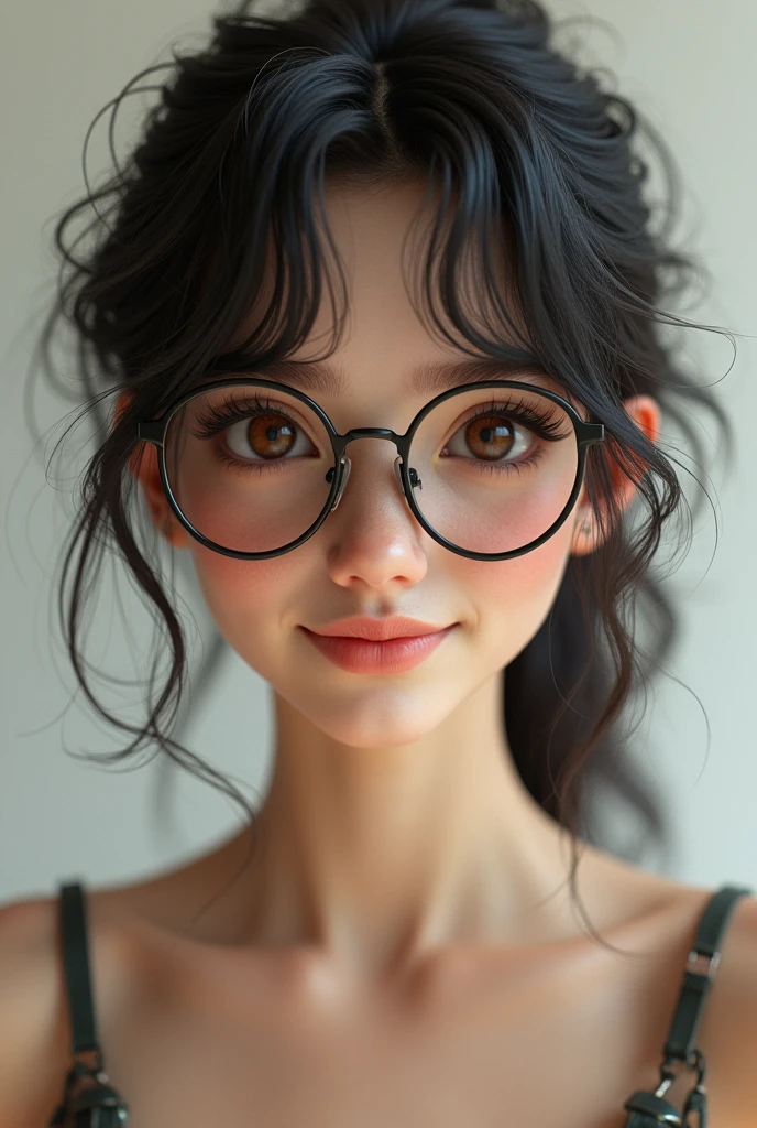 A teenage female with dark brown eyes, with broken hair, thick lips, high, thin and with a nice smile, put on stylish glasses,3d render