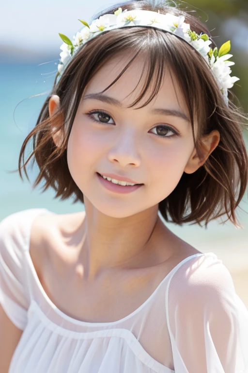 (8k), (masterpiece), (High resolution), (Realistic:1.4), Japanese, Women, Childish:1.3, from the front, (Smile mischievously:1.5), happy, ((cute:1.5)), Innocent, innocent, kind, ((Double Eyes)), (Dark Eyes), Beautiful eye and skin details:1.5, (Realistic skin texture:1.5), (((High nose:1.5))), White camisole dress, ((White and sheer clothes)), (((Her white clothes are transparent and her skin is visible))), (Her nipples are visible through her white clothes), (Pink nipples), Décolletage, Black Hair, short hair, Hair blowing in the wind, Child body type:1.2, (Slender), summer, noon, bright, Sandy Beach, Flower crown, flat chest:1.5