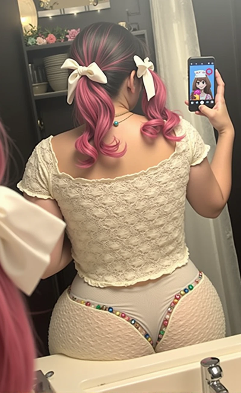 woman with pink hair taking a picture of herself in the mirror, wearing pink hair bow, pigtails, colorful pigtail, wearing underwear, with pink hair, wearing pink panties, back of the hair, roses in her hair, pink hair covered with hairpins, view from the back, curvy and bow, shot from the back, thick bow, insanely inflated hips, beautiful girl, big ass, huge ass, bbw, from behind, thick, thick thighs, wide hips, bbw, big , sideboob, giant ass, side view, big butt, round butt, tight underwear, underwear halfway off, underwear taking off, grabbing ass, ass spilling over underwear, too thick for clothes, side angle, chubby stomach, big , filipina, naked fat ass on sink riding a dildo