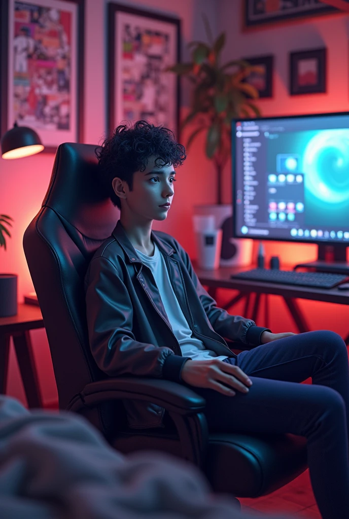 Create an image of an avatar sitting in their gaming room, LOOKING AT ME
