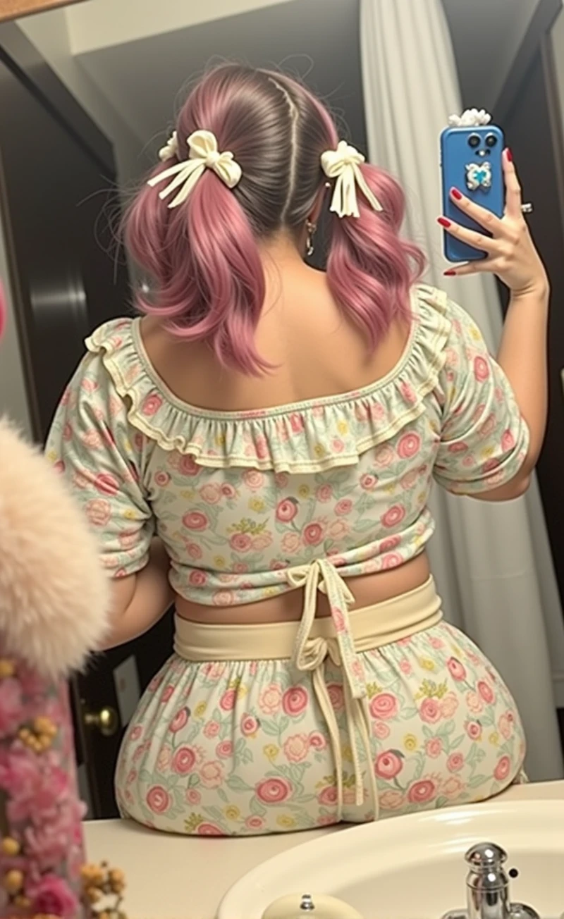 woman with pink hair taking a picture of herself in the mirror, wearing pink hair bow, pigtails, colorful pigtail, wearing underwear, with pink hair, wearing pink panties, back of the hair, roses in her hair, pink hair covered with hairpins, view from the back, curvy and bow, shot from the back, thick bow, insanely inflated hips, beautiful girl, big ass, huge ass, bbw, from behind, thick, thick thighs, wide hips, bbw, big , sideboob, giant ass, side view, big butt, round butt, tight underwear, underwear halfway off, underwear taking off, grabbing ass, ass spilling over underwear, too thick for clothes, side angle, chubby stomach, big , filipina, naked fat ass on sink riding a dildo