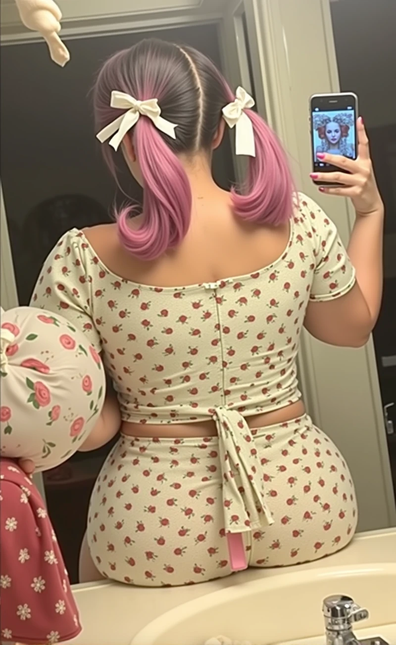woman with pink hair taking a picture of herself in the mirror, wearing pink hair bow, pigtails, colorful pigtail, wearing underwear, with pink hair, wearing pink panties, back of the hair, roses in her hair, pink hair covered with hairpins, view from the back, curvy and bow, shot from the back, thick bow, insanely inflated hips, beautiful girl, big ass, huge ass, bbw, from behind, thick, thick thighs, wide hips, bbw, big , sideboob, giant ass, side view, big butt, round butt, tight underwear, underwear halfway off, underwear taking off, grabbing ass, ass spilling over underwear, too thick for clothes, side angle, chubby stomach, big , filipina, naked fat ass on sink riding a dildo