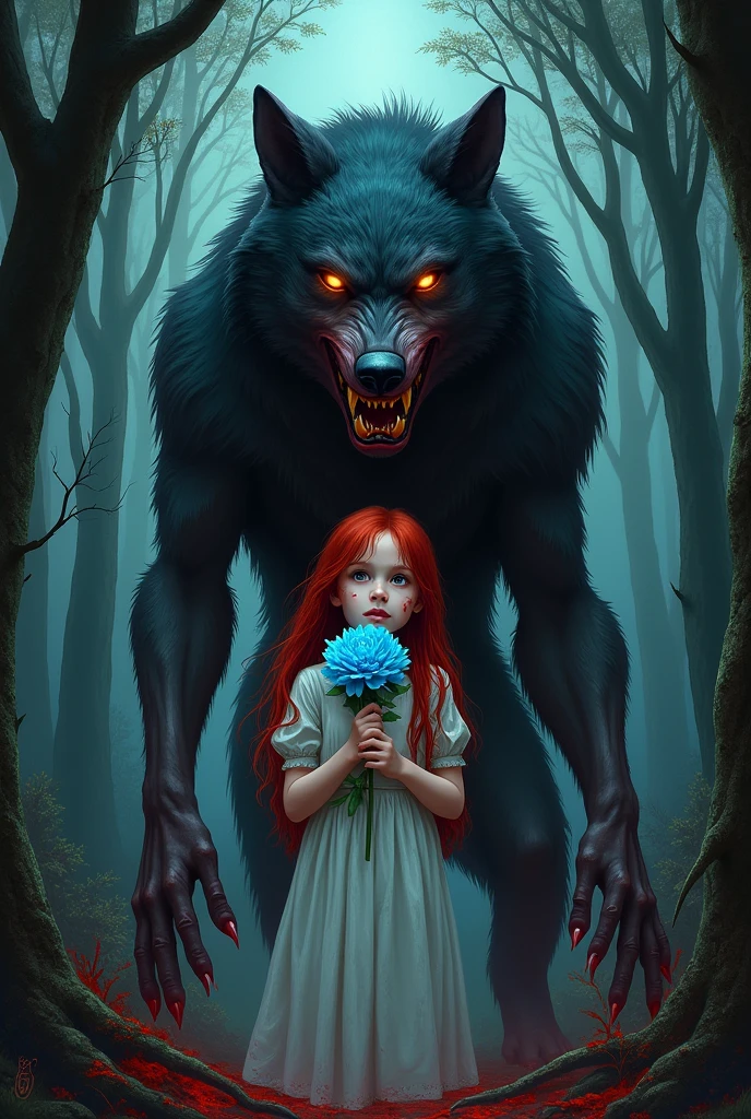 Create a book cover with an extremely bloody and terrifying werewolf at the entrance of a dark and dense forest with a young girl behind him, with long red hair, her face was full of bruises, her eyes were honey colored, her her skin was white, of an angelic beauty, she was holding a blue peony in her hands looking at it, I want the image to have a caption saying "The Girl in the Blue Cover" with a beautiful and eye-catching handwriting but written in Portuguese