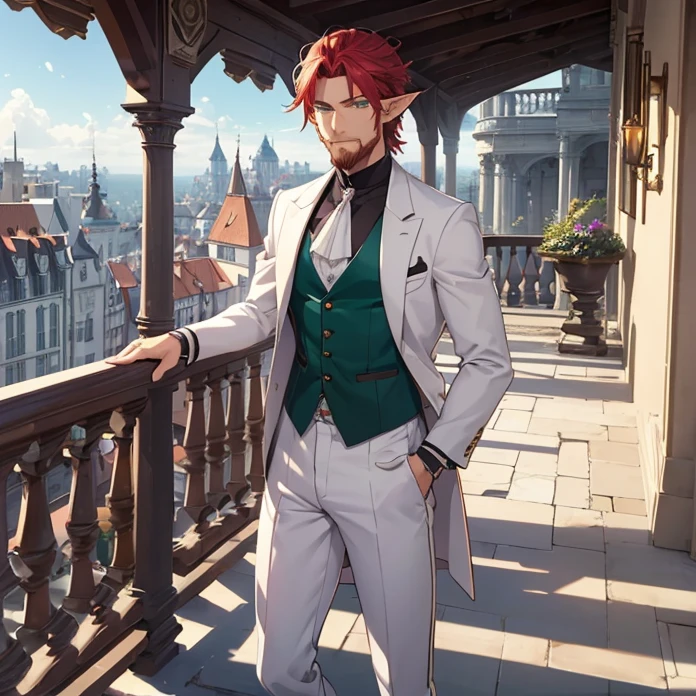 High Resolution, Anime, Character Design, Digital Art, HD, Best Quality, Masterpiece, Super Detailed, high fantasy,
{{character:900 years old male mature red-haired elf lord;(green eyes, fair skin, mediumlentgh red hair tied in a short tail with a ring, absolute masculine handsome elder, vert short red haired beard, sharp nose, closed smiling, short pointy ears, natural muscular torso, muscular arms, wonderful masculine legs),(white noble jacket, grey long pants, grey gloves, white shirt, silver necklace),(friendly and very kindest demeanor, wise and gentle personality, protective and heroic pose),(noble balcony at noble castle, danish city at the bottom of the view, clean midday sky, purple flowers at the balcony}}
