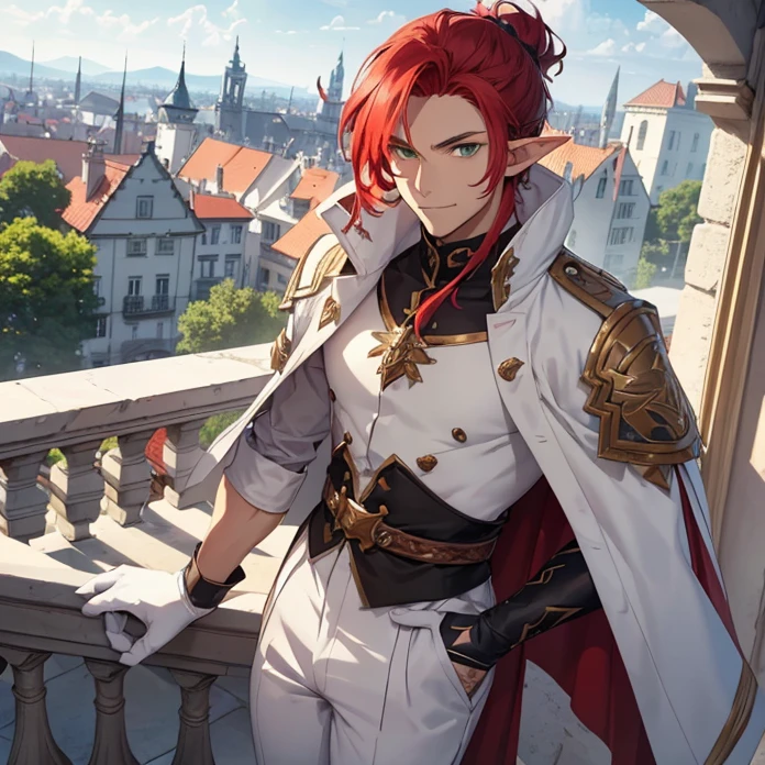 High Resolution, Anime, Character Design, Digital Art, HD, Best Quality, Masterpiece, Super Detailed, high fantasy,
{{character:900 years old male mature red-haired elf lord;(green eyes, fair skin, mediumlentgh red hair tied in a short tail with a ring, absolute masculine handsome elder, vert short red haired beard, sharp nose, closed smiling, short pointy ears, natural muscular torso, muscular arms, wonderful masculine legs),(white noble jacket, grey long pants, grey gloves, white shirt, silver necklace),(friendly and very kindest demeanor, wise and gentle personality, protective and heroic pose),(noble balcony at noble castle, danish city at the bottom of the view, clean midday sky, purple flowers at the balcony}}