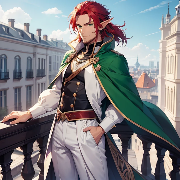 High Resolution, Anime, Character Design, Digital Art, HD, Best Quality, Masterpiece, Super Detailed, high fantasy,
{{character:900 years old male mature red-haired elf lord;(green eyes, fair skin, mediumlentgh red hair tied in a short tail with a ring, absolute masculine handsome elder, vert short red haired beard, sharp nose, closed smiling, short pointy ears, natural muscular torso, muscular arms, wonderful masculine legs),(white noble jacket, grey long pants, grey gloves, white shirt, silver necklace),(friendly and very kindest demeanor, wise and gentle personality, protective and heroic pose),(noble balcony at noble castle, danish city at the bottom of the view, clean midday sky, purple flowers at the balcony}}