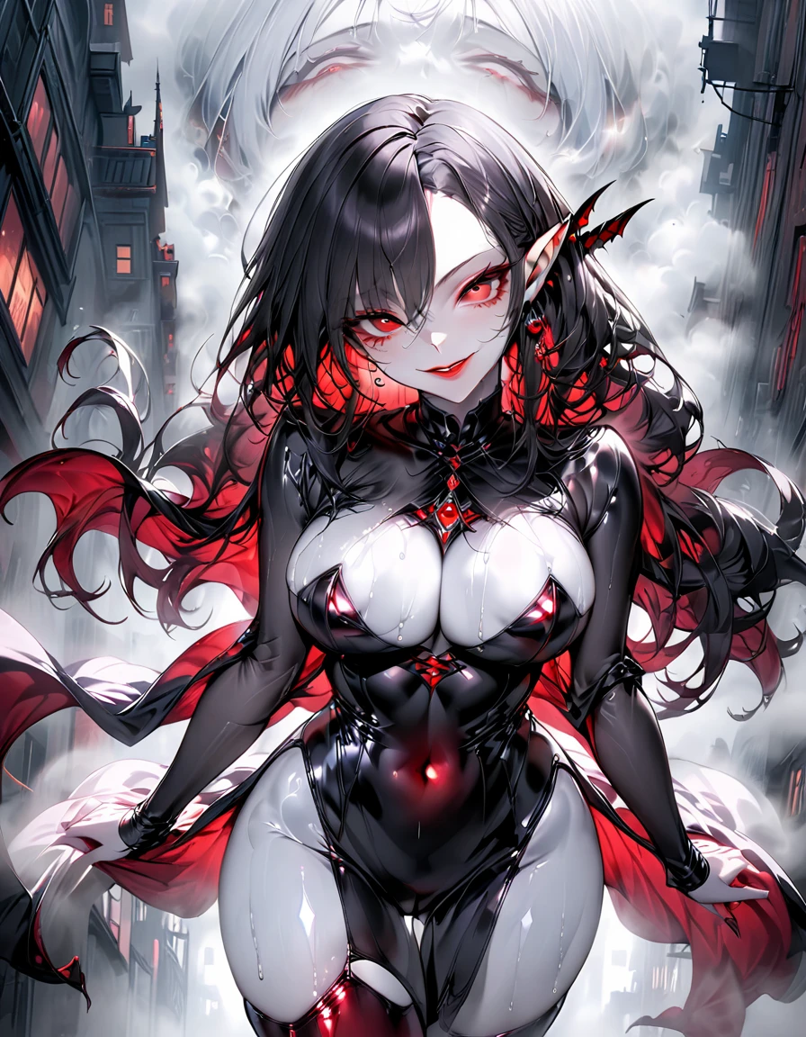 ung beautiful woman,(Highest quality,Extremely detailed depiction,Incredibly absurd high resolution,Anatomically accurate depiction,Curvy Legs),(Shiny skin,Porcelain-like skin),(Female vampire:1.5,Shiny latex,),eyelash,Sweat,(Red Eyes,Vertically drawn pupils,Crazy Eyes,Large Breasts,A seductive smile,Glossy Red Lips,Flashy makeup,Seductive gestures,Half-closed eyes:1.3),whole body,Pointy Ears,background:A city shrouded in mysterious mist:1.5,My body is enveloped in a thick fog.:1.5