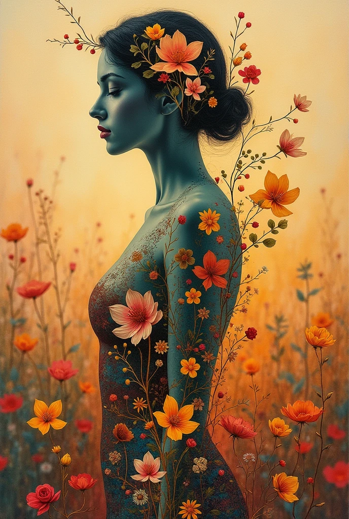 A beautiful nostalgic collage in the shape of a human, dreamlike, beautiful, nostalgic, masterpiece, warm colors, bloom, visible brushstrokes, painterly, detailed painting, lovely, incredible art