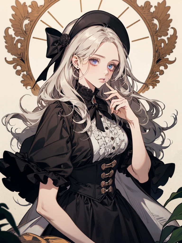 ((Highest quality)), ((masterpiece)), (detailed),White Hair、Super Long Hair、Strong curly hair、Curly hair、Vertical Roll、curly hair、Violet eyes、Beauty、Noble daughter、Dainty dresses、elegant、Victorian、beautiful girl、calm、clear、No bangs