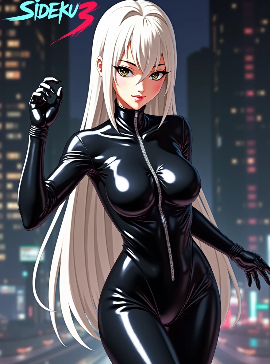 a girl in a black latex suit with the city in the background and above her there is the inscription Sideku 3