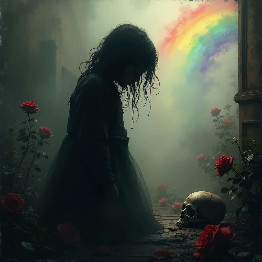 1 girl, (silhouette:1.3), blackwork, painful, nasty, sheet, roses, Scull, Abstract, ambient lighting, (blurred background, blurred foreground, depth of field:1.3), Swirling fog, Rainbow Mist, traditional texture, dripping