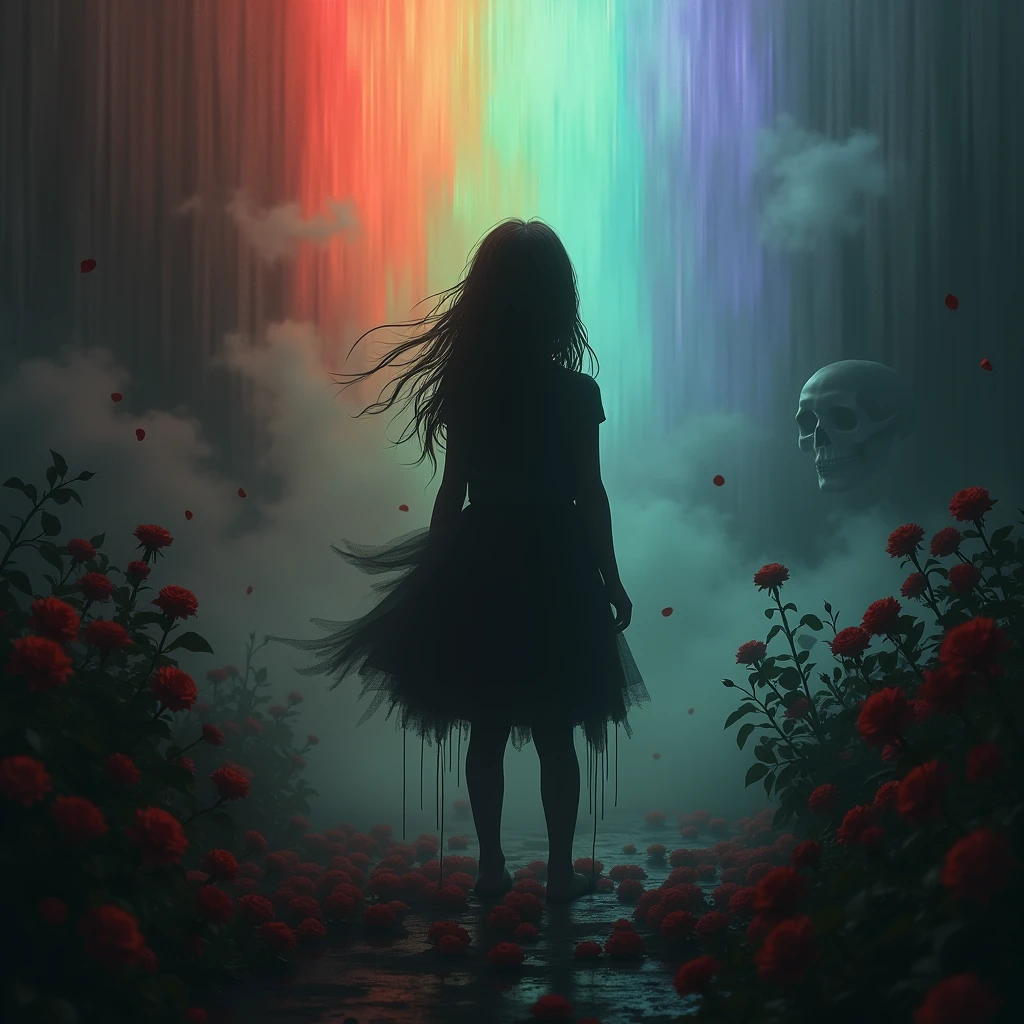 1 girl, (silhouette:1.3), blackwork, painful, nasty, sheet, roses, Scull, Abstract, ambient lighting, (blurred background, blurred foreground, depth of field:1.3), Swirling fog, Rainbow Mist, traditional texture, dripping