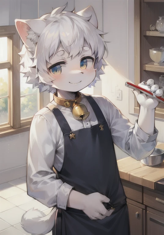 kitchen，short hair，White hair，Ahog，bell，Pocket Watch，child，hairy，Cat ears，Smile，No spots，There is white fur everywhere.，There is white fur everywhere.，Cat ears，Cat type，hairy大尾巴，masterpiece，High quality portrait，toy doll，Chef boy，wind，White pants，White coat，Blue Apron，Super cute face