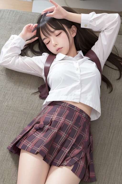 A cute Japanese high school girl taking a nap、Her skirt flips up and her panties are visible。