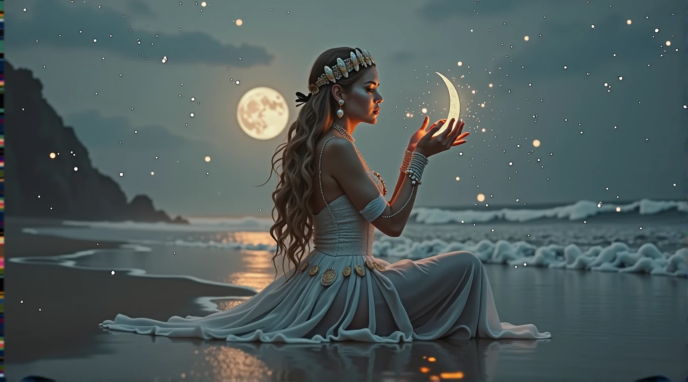 A hyperrealistic and deeply fantastical image of a woman representing the zodiac sign of Cancer sitting sideways on the sand of the beach. The camera focuses on her full body and from the rear right side..  Her hair, long and wavy, it is adorned with pearls and small seashells that reflect the moonlight. She wears a silver dress with a design reminiscent of the waves of the sea, with a corset decorated with details that imitate the claws of a crab, subtly intertwined with golden threads that shine like sand under the sun. Her makeup is mystical, with eyeshadow that recreates a nocturnal ocean, with sparkles of stars and lunar reflections, while her lips have a soft pearly sheen that evokes the reflected light in the water. 

In your head, a crescent moon-shaped tiara made of crystals that change color according to the light, reinforcing the connection with the moon and tides. In your hands, transparent gloves decorated with seaweed and bubble motifs, that extend to her elbows.

The background is an ocean under the light of a bright full moon, with waves that seem to be suspended in time, shining with ethereal lights. Around the woman, The sky is full of shooting stars and constellations forming mystical patterns.. The scene is enveloped in a luminous mist that connects the sky with the sea, creating a dreamlike and magical atmosphere. Everything in the image, from the colors to the composition, it is designed to capture the aquatic essence, emotional and protective of Cancer, while the fantasy effects make the scene spectacular and unique, as if it were the work of a photographer of magical worlds.