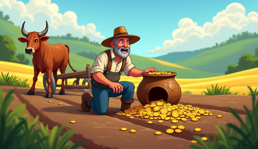 Ramu is working in the field, when suddenly the plough hits something hard) Ramu: (Shocked) What is this? (Digs and takes out an old pot) Oh! It is full of gold coins!.2d cartoon