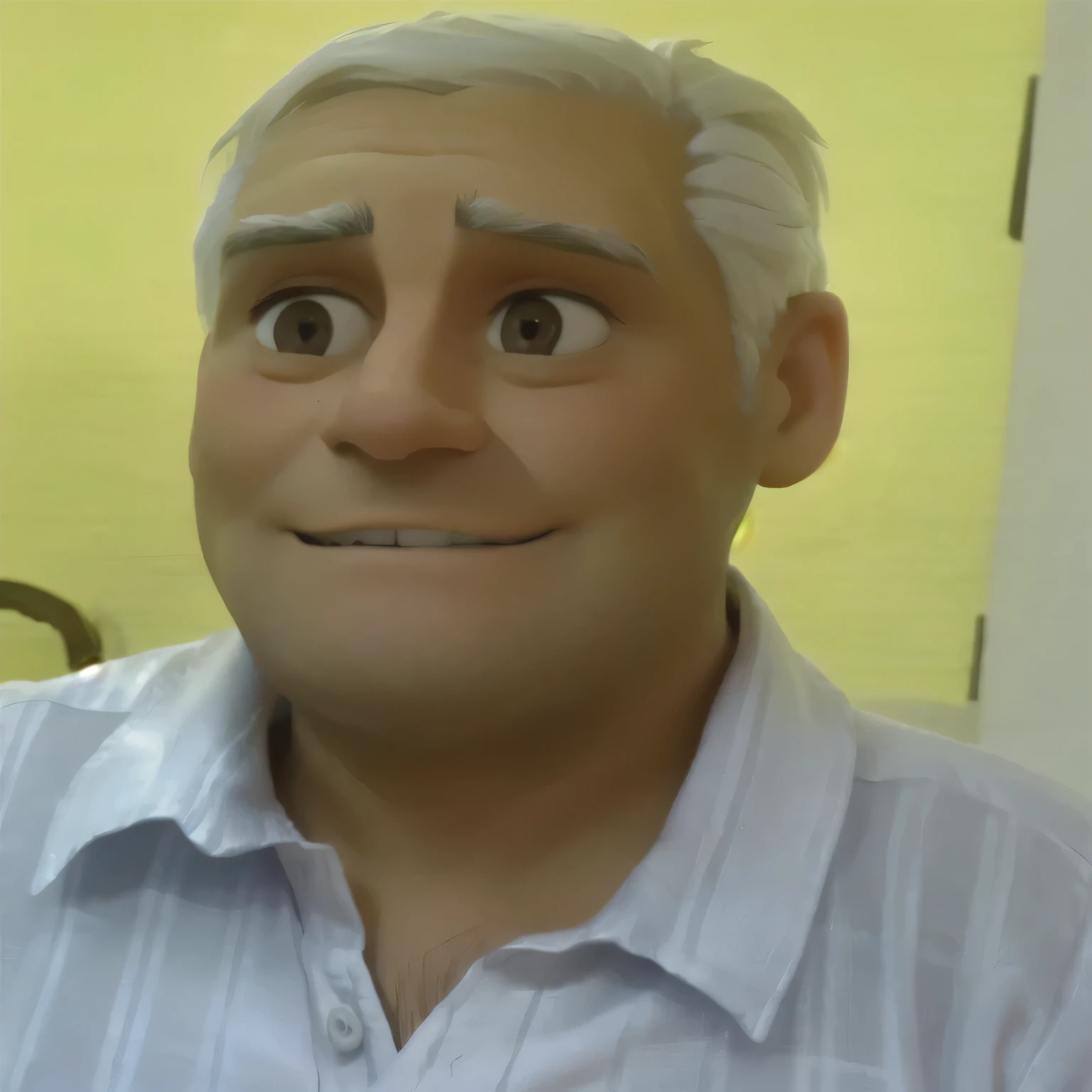 man in white shirt, open arms, deep dark circles, Frown lines on the face, Grinning, large ears, White hair, small eyes, Square face, Portuguese aspect