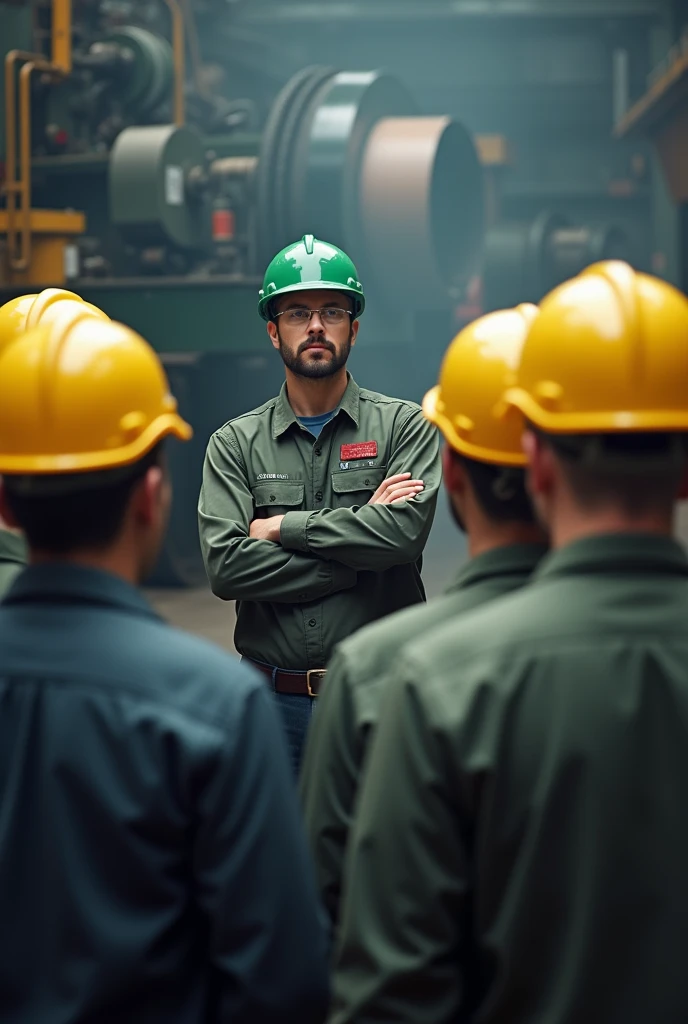 Safety officer with green helmet taking toolbox talk to 10 worker with yellow helmet, company background with Smokey effect and coil compacting machine 