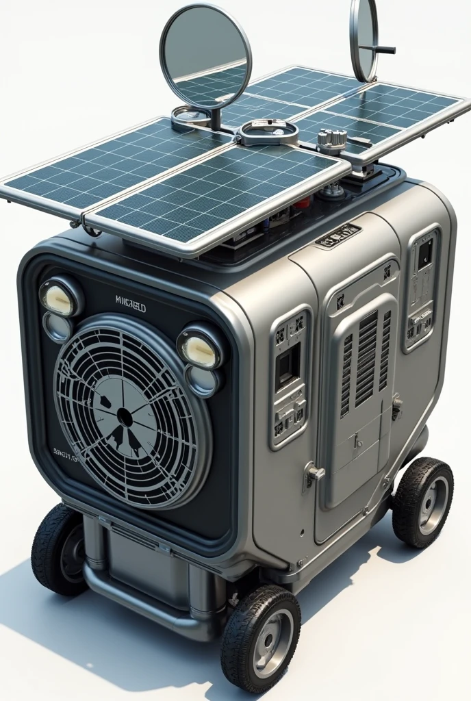 a portable machine combining Hydroelectric turbine and Solar Panel with mirror on the sides, up, and down that can generate electricity with outlet