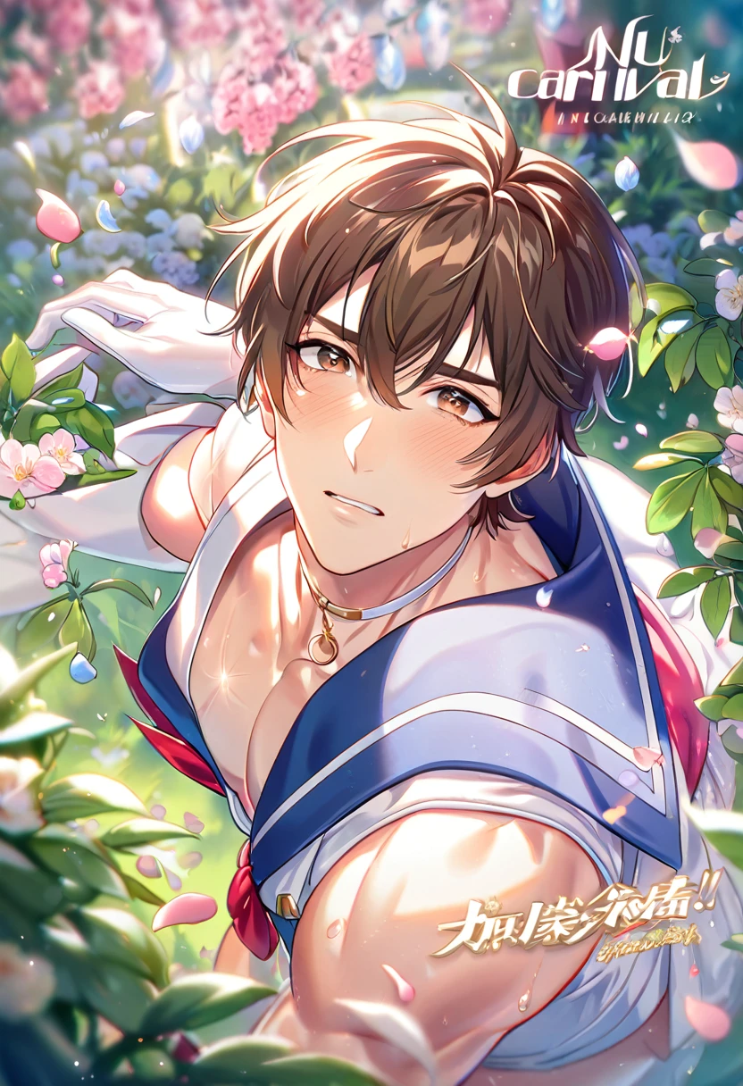 absurdres, highres, ultra detailed, HDR, master piece, best quality, extremely detailed, detailed eyes, Eiden, brown hair, expressive brown eyes, Nu Carnival, solo, sexy man, handsome, horny, lewd, fantasy, accessories, long white gloves, sailor moon uniform, spring, flowers, green leaves, magical garden, white fantasy, petals