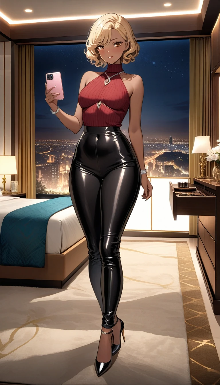 Beautiful 47y old woman with short curly blonde hair with brown eyes wearing Tight Black Cirre Pants, Sexy Criss Cross Mock Neck Sleeveless Dark Red Sweater, luxurious jewelry and luxurious necklace, high heel shoes, standing in her bedroom at night, holding her cellphone, (dark-tanned skin), (light brown lipstick), (elegant mascara), (slim body), (small breasts), (wide hips), midjourney, <lora:GoodHands-, <lora:GoodLegs-, UHD, high resolution, (masterpiece:1.9, best quality), (expressive eyes, perfect face, full body, expressive face, perfect body, perfect pussy, athletic, fit, slim body, blushing, Perfect makeup, eyeliner, beautiful eyelashes, smiling, horny face), ((best illumination, best shadows)), ((sexy pose))
