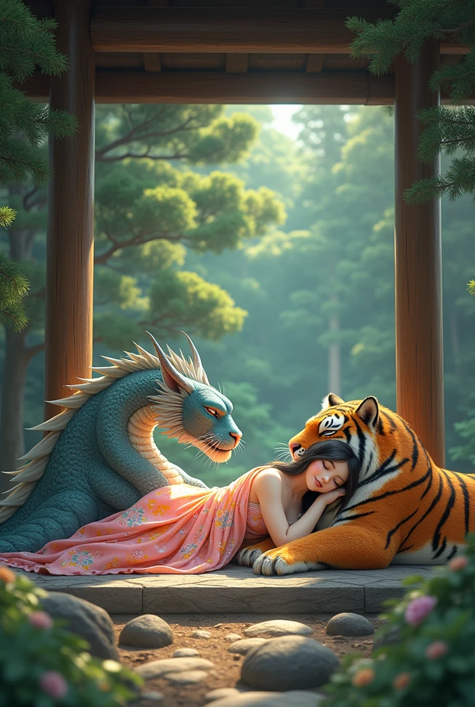 A space fairy wearing a kimono is smiling and sleeping on her stomach. A big dragon and a big tiger are gently guarding her under the pine trees in a wooden Zen temple in the forest.
