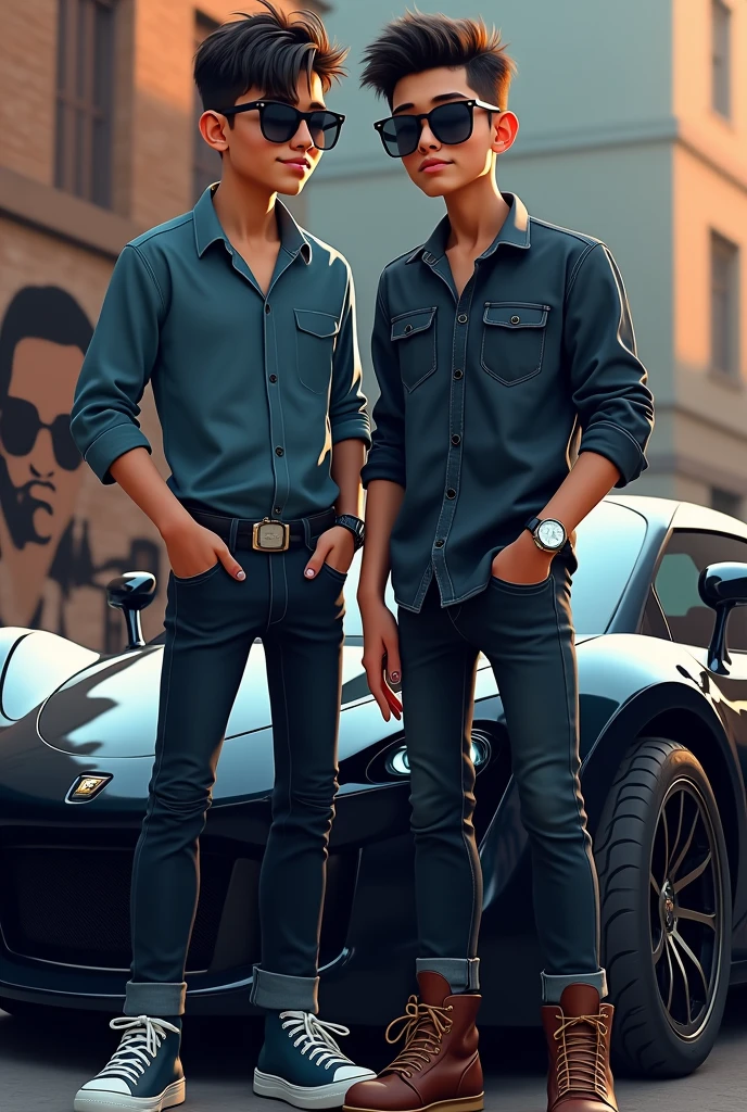 Two boys one black thar car attitude look black sunglasses shoes black jeans blue sirts
Legendary watchs and big photo and names Santa's and sidhu