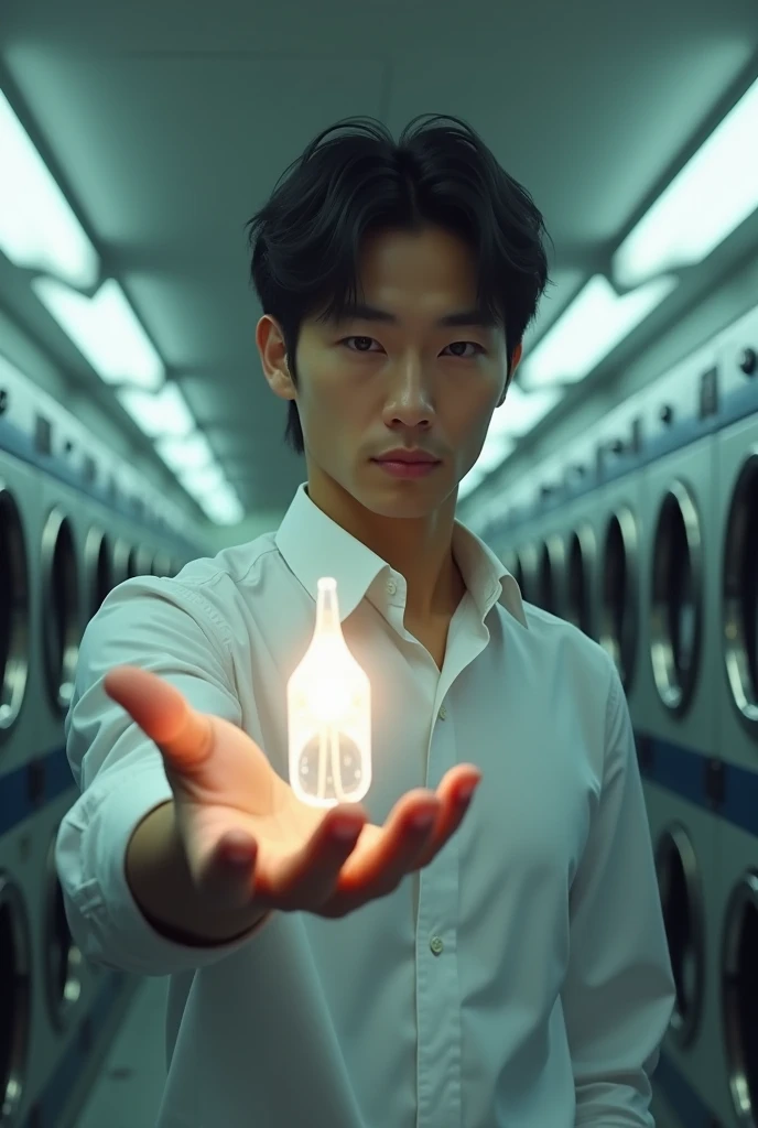 Japanese man with a white shirt at a laundromat offering me a zeta