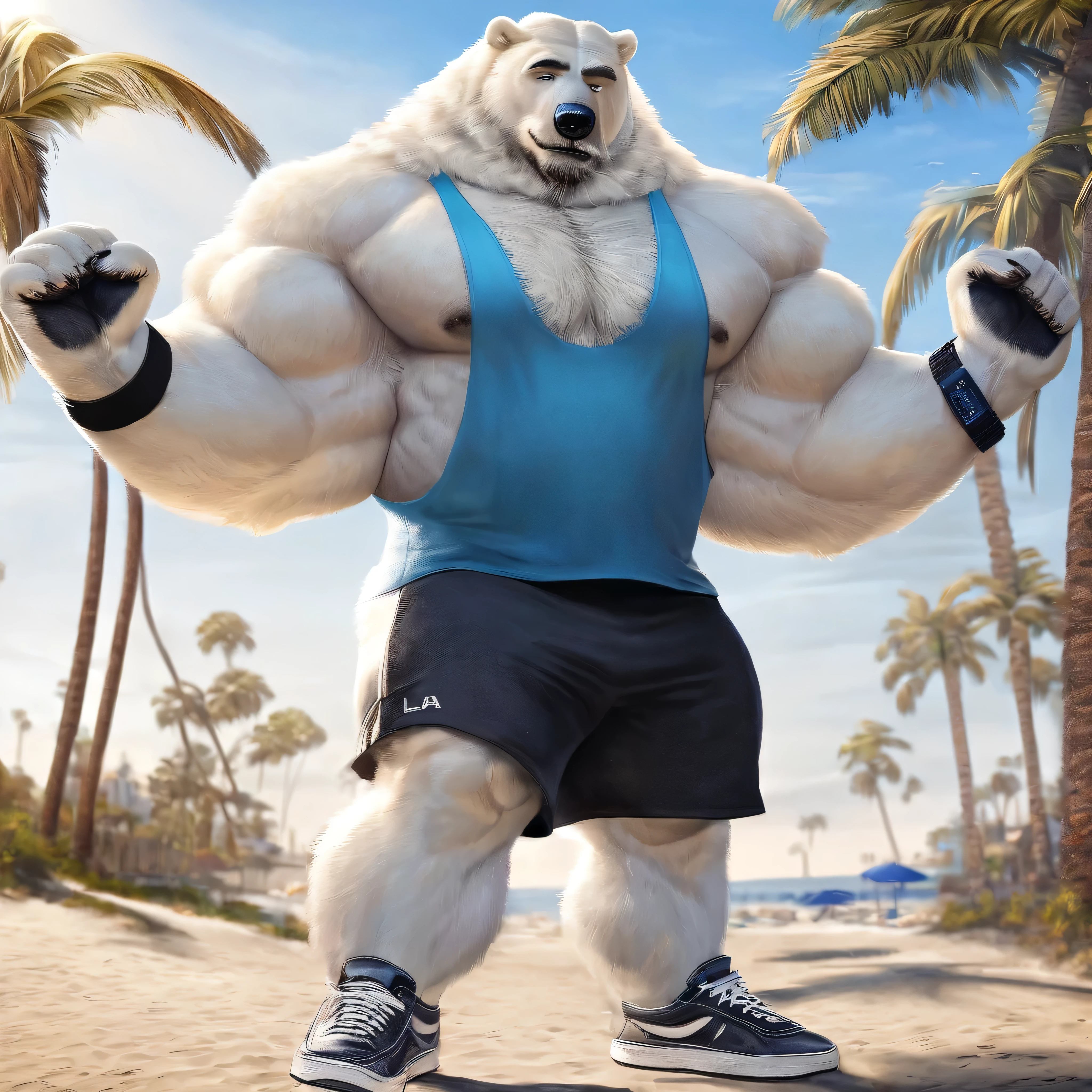 huge muscular polar bear in L.A. beach, big grunting smirk, polar bear, huge white fur, thick arm, huge arm, mustache, bearded. white hair and beard, bearded, (muscular, pectoral, wide pectoral, thick arms), beach, palm, realistic, 8k, masterpiece, detailed eybrows, deatiled eyes, (wearing black shorts, wristband, watch, blue tank top and white shoes), stretching out his arms and his chest